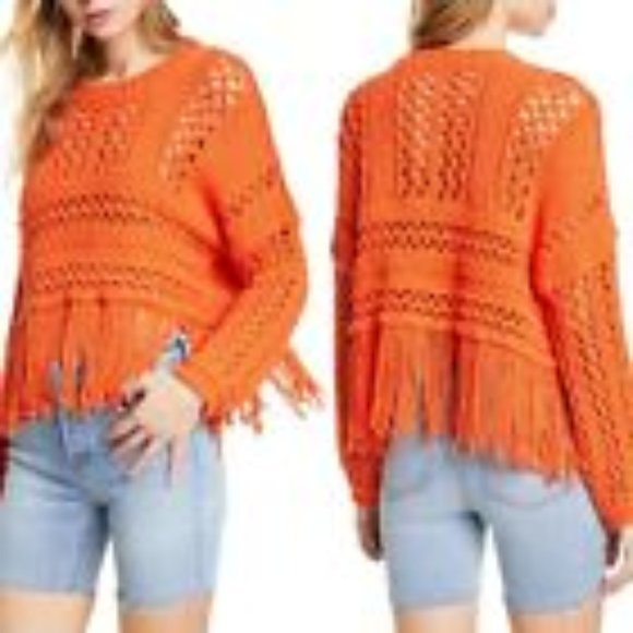 NWT FREE PEOPLE HIGHER LOVE BOHEMIAN CROCHET KNIT ORNAGE FRINGE SWEATER S - Picture 10 of 11